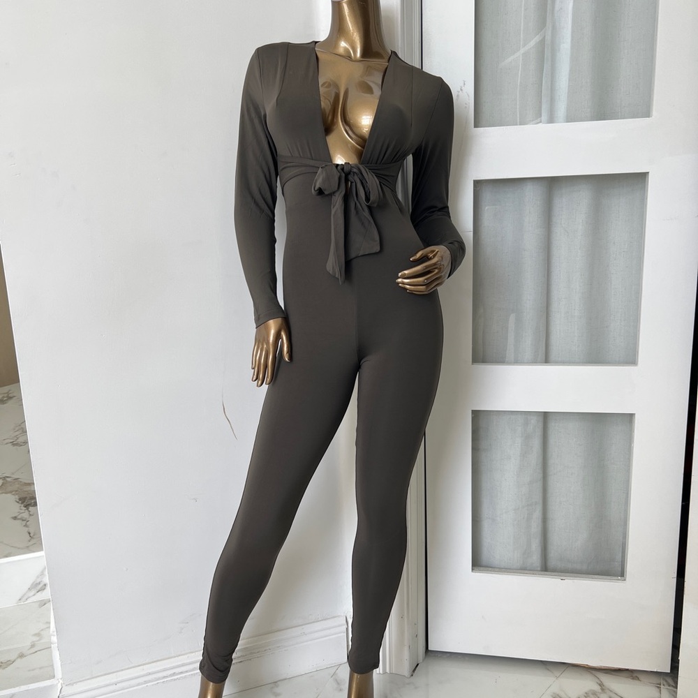 Oh Polly Deep V-Neck Jumpsuit in Dark Gray